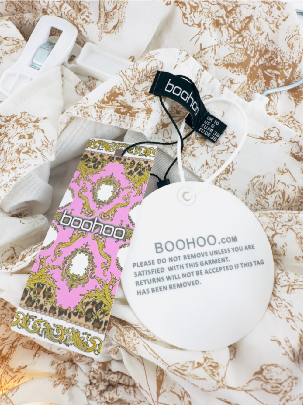 NWT BooHoo TOILE White & Brown SEXY Floral Ruched PORCELAIN CINCH Skirt WOMENS 6 - Picture 7 of 7